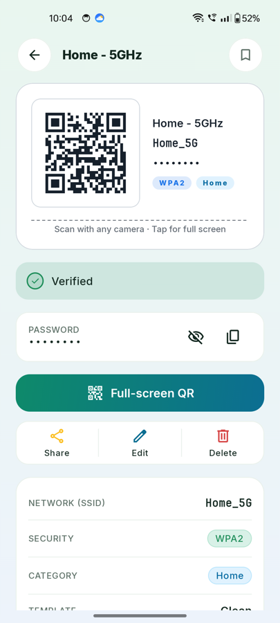 Card detail with QR code and credentials