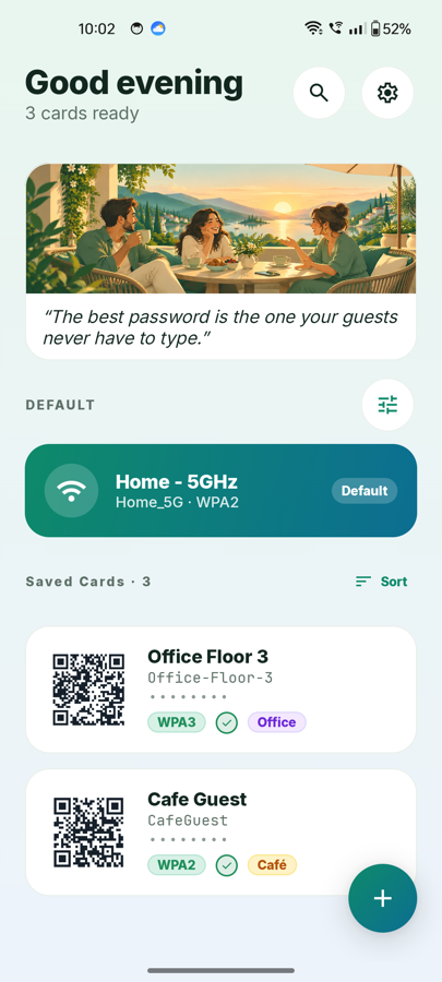 WiFi Card home screen showing styled Wi-Fi cards