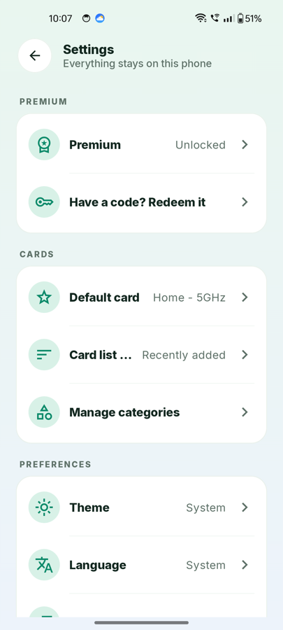 Settings hub with privacy, data and legal groups